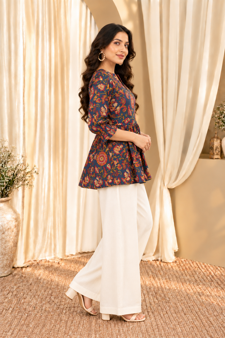 Navy Blue Floral Print Mandarin Collar Cotton Top