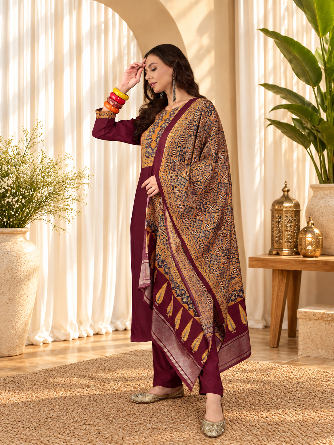 Women's Burgundy Viscose Rayon Round Neck Kurta & Pant With Dupatta Set