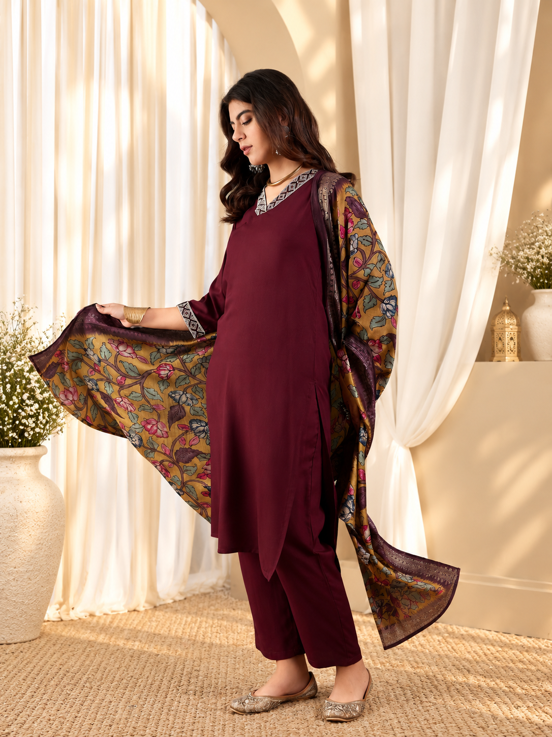 Embroidered Straight Kurta With Trouser & Dupatta Set