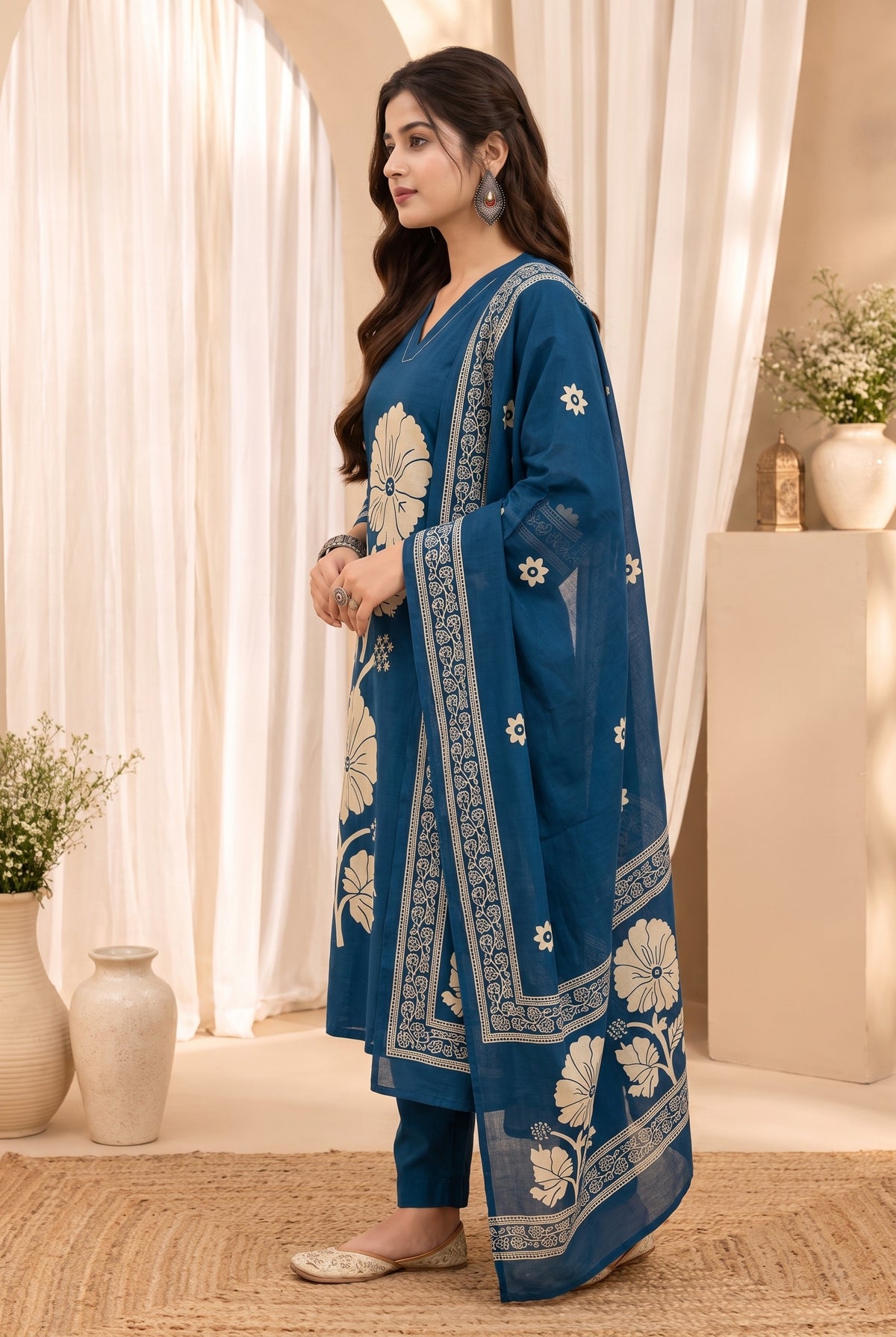 Women's Blue Cotton Floral Print Kurta & Trousers With Dupatta Set