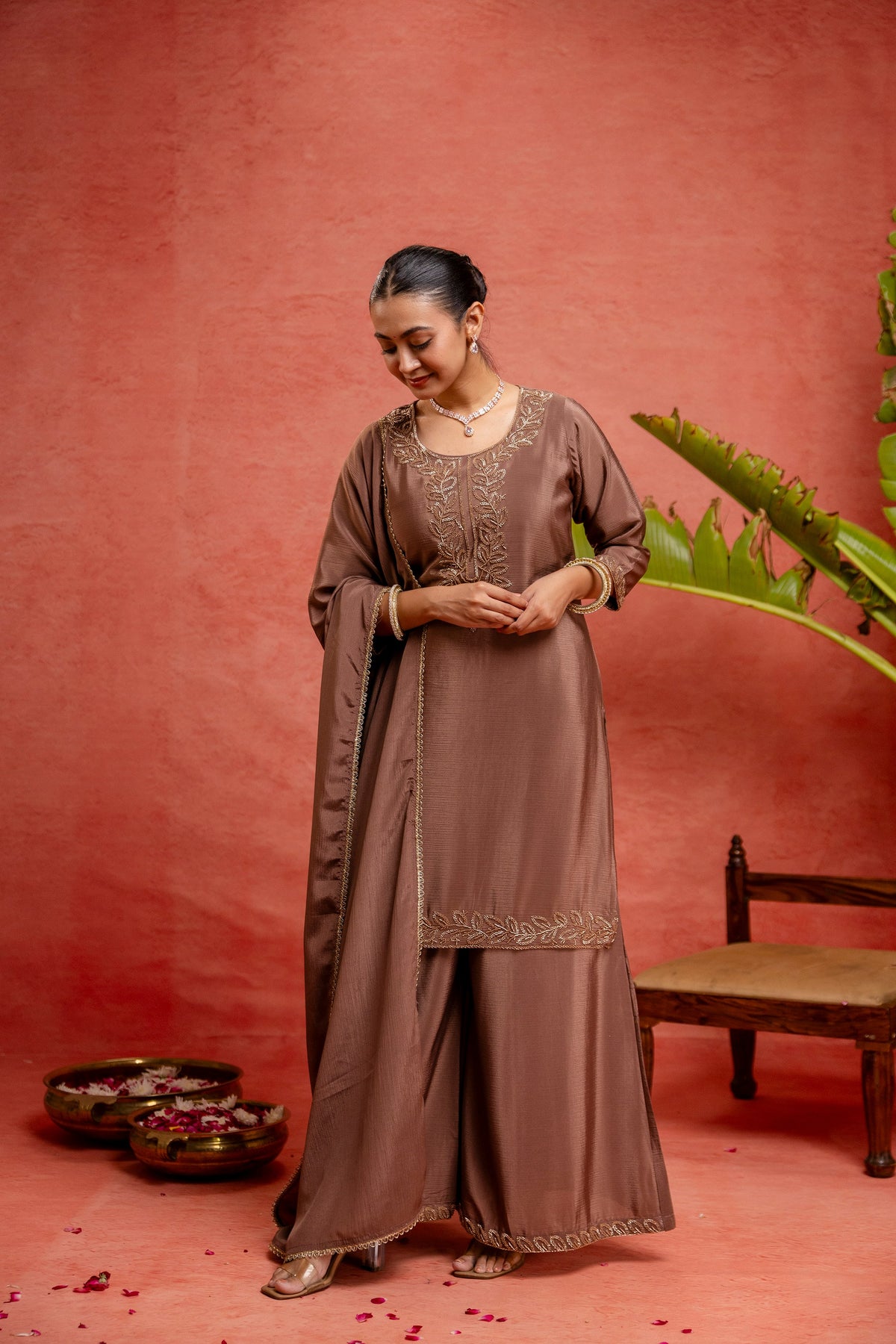 Women's Mauve Embroidered Kurta With Sharara & Dupatta Set