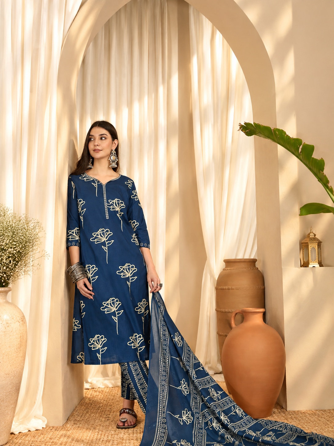 Women's Teal Blue Cotton Floral Print Round Neck Kurta & Trousers With Dupatta Set