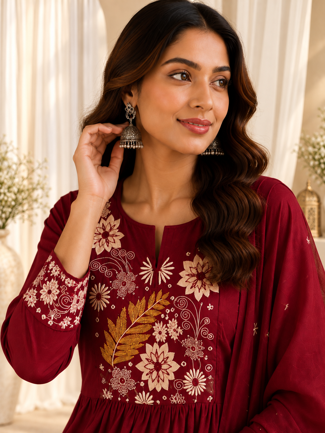 Women's Maroon Red Embroidered Cotton Kurta With Pant & Dupatta Set