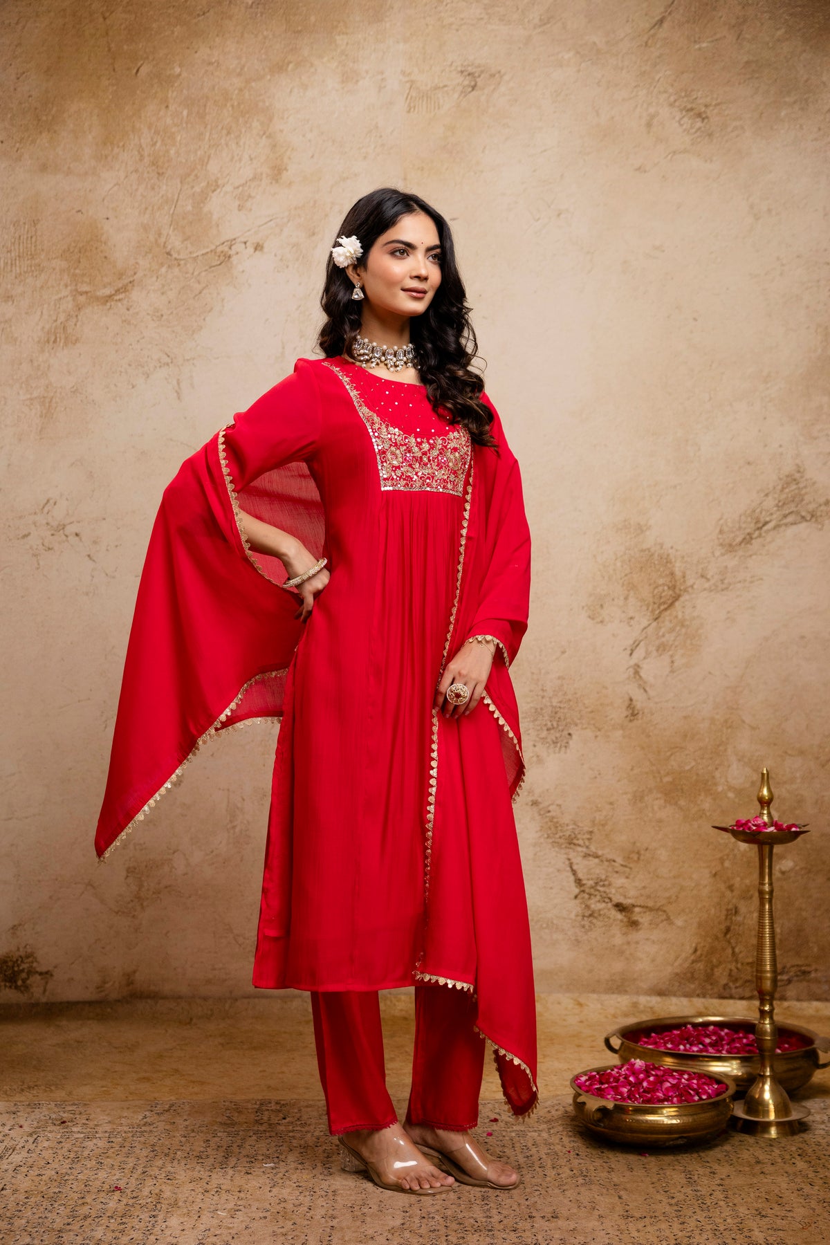 Women's Rani Pink Embroidered Silk Blend Kurta & Palazzo With Dupatta Set