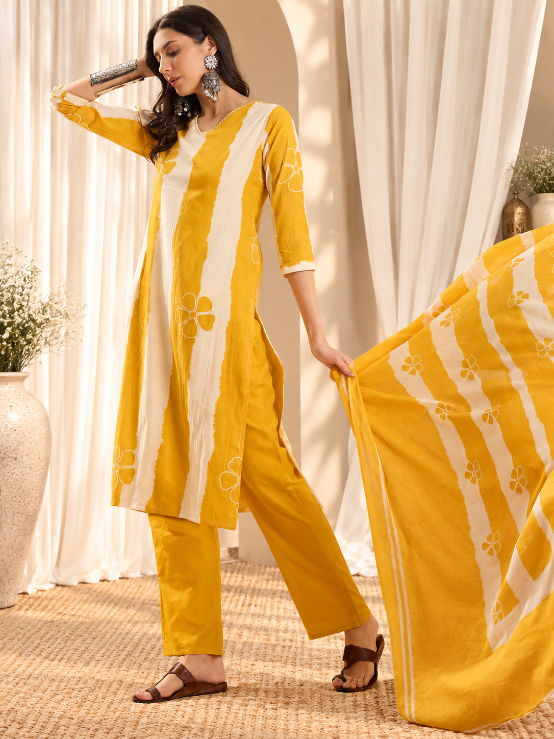 Women's Yellow & White Striped Pure Cotton Straight Kurta & Trousers With Printed Dupatta Set