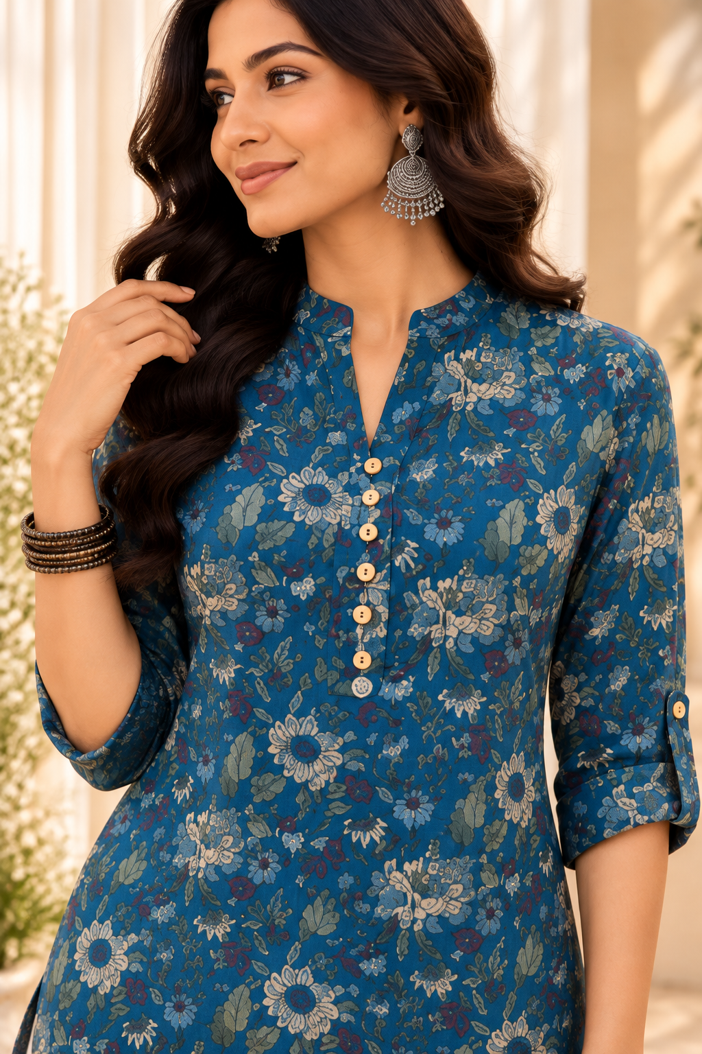 Women's Navy Blue Floral Printed Cotton Mandarin Collar Regular Fit Top