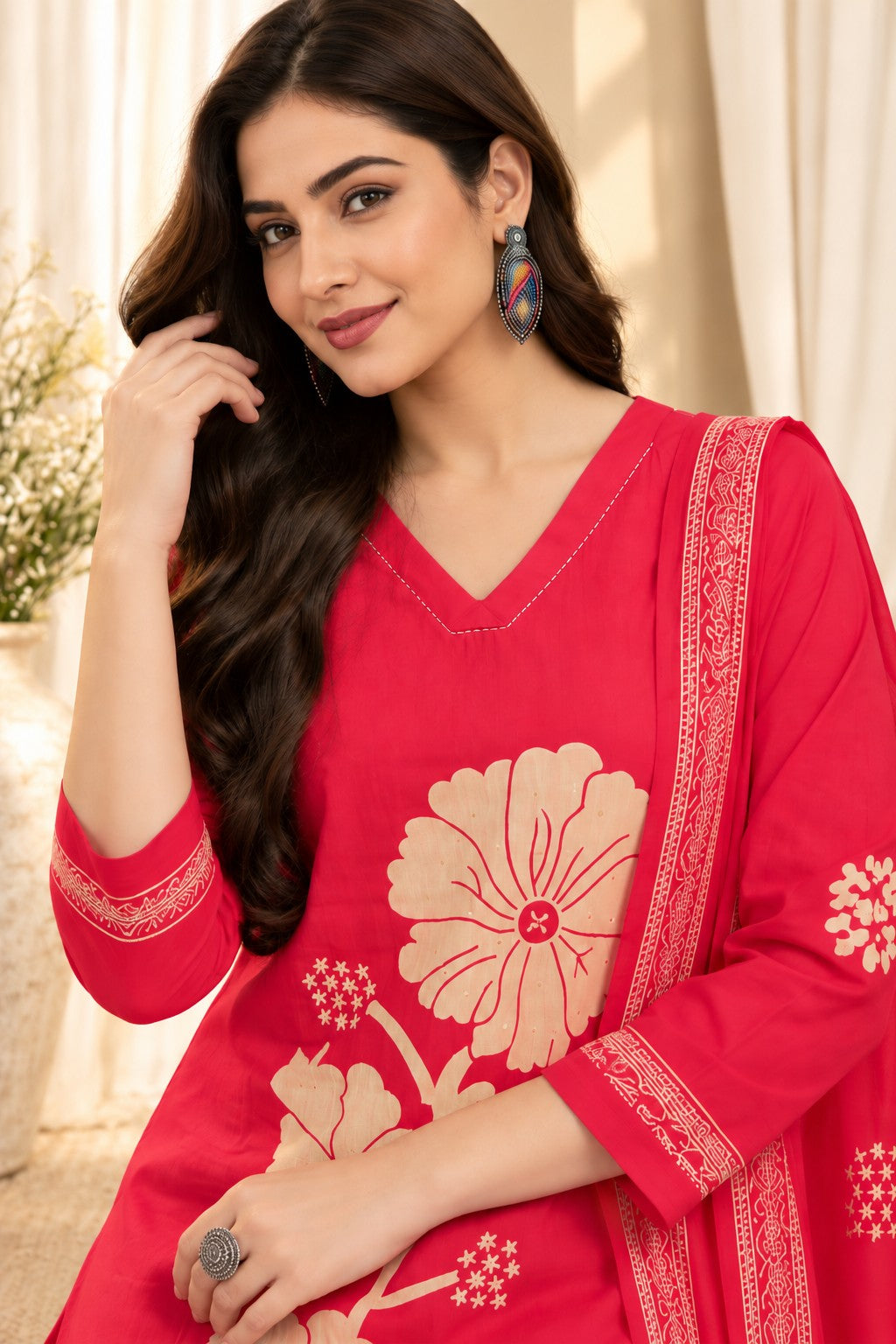 Women's Pink Cotton Floral Print Kurta & Trousers With Dupatta Set