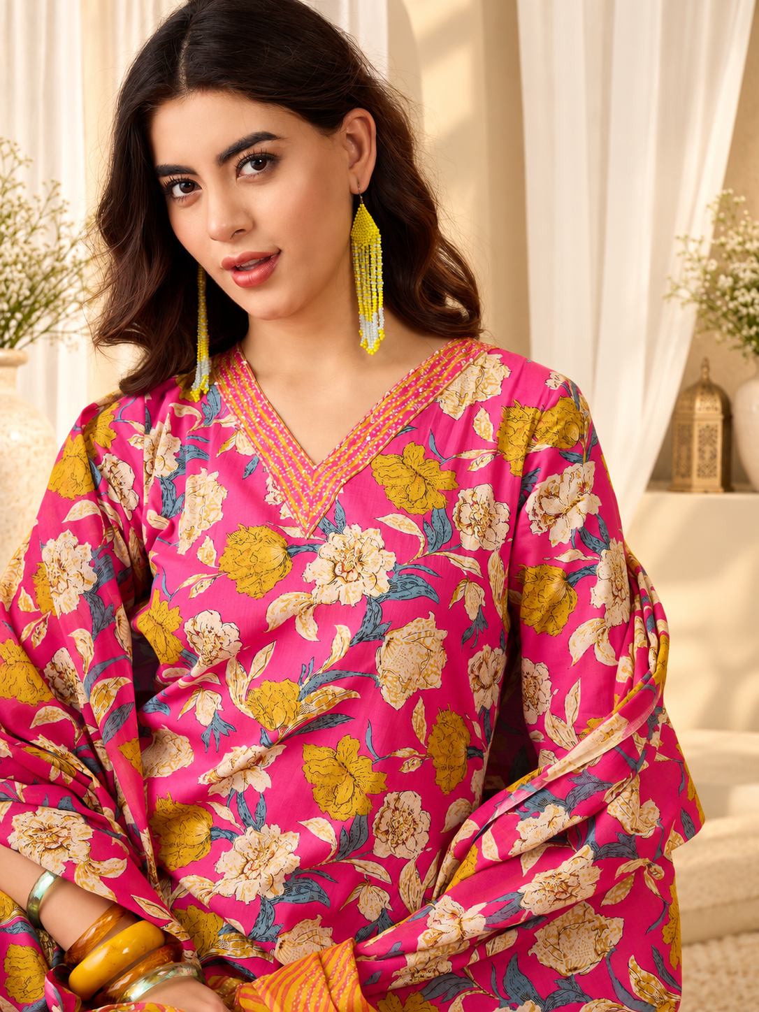 Women's Pink & Yellow Pure Cotton Floral Print Kurta & Trousers With Dupatta Set