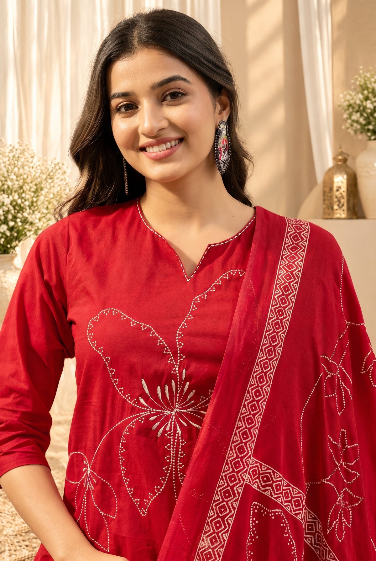 Women's Red Cotton Floral Print Kurta & Trousers With Dupatta Set