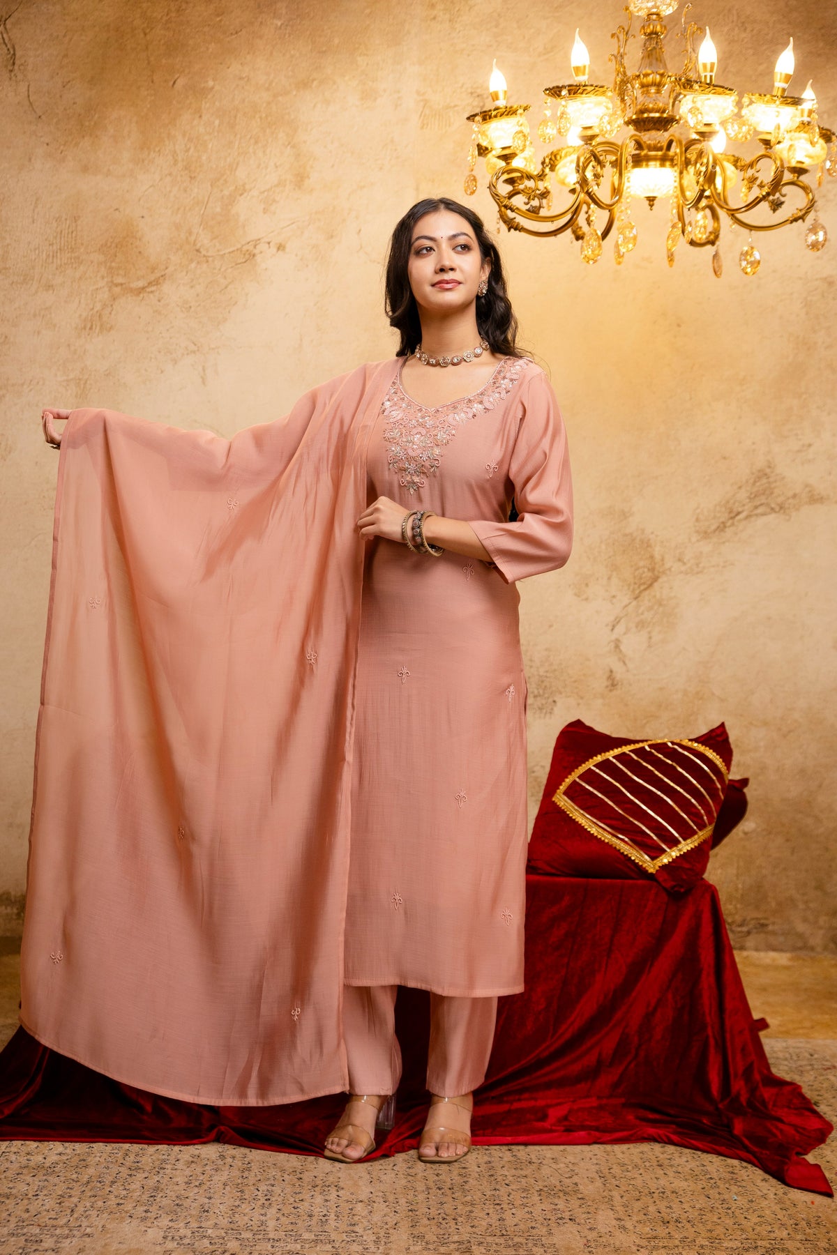 Women's Peach Embroidered Straight Kurta & Trousers With Dupatta Set