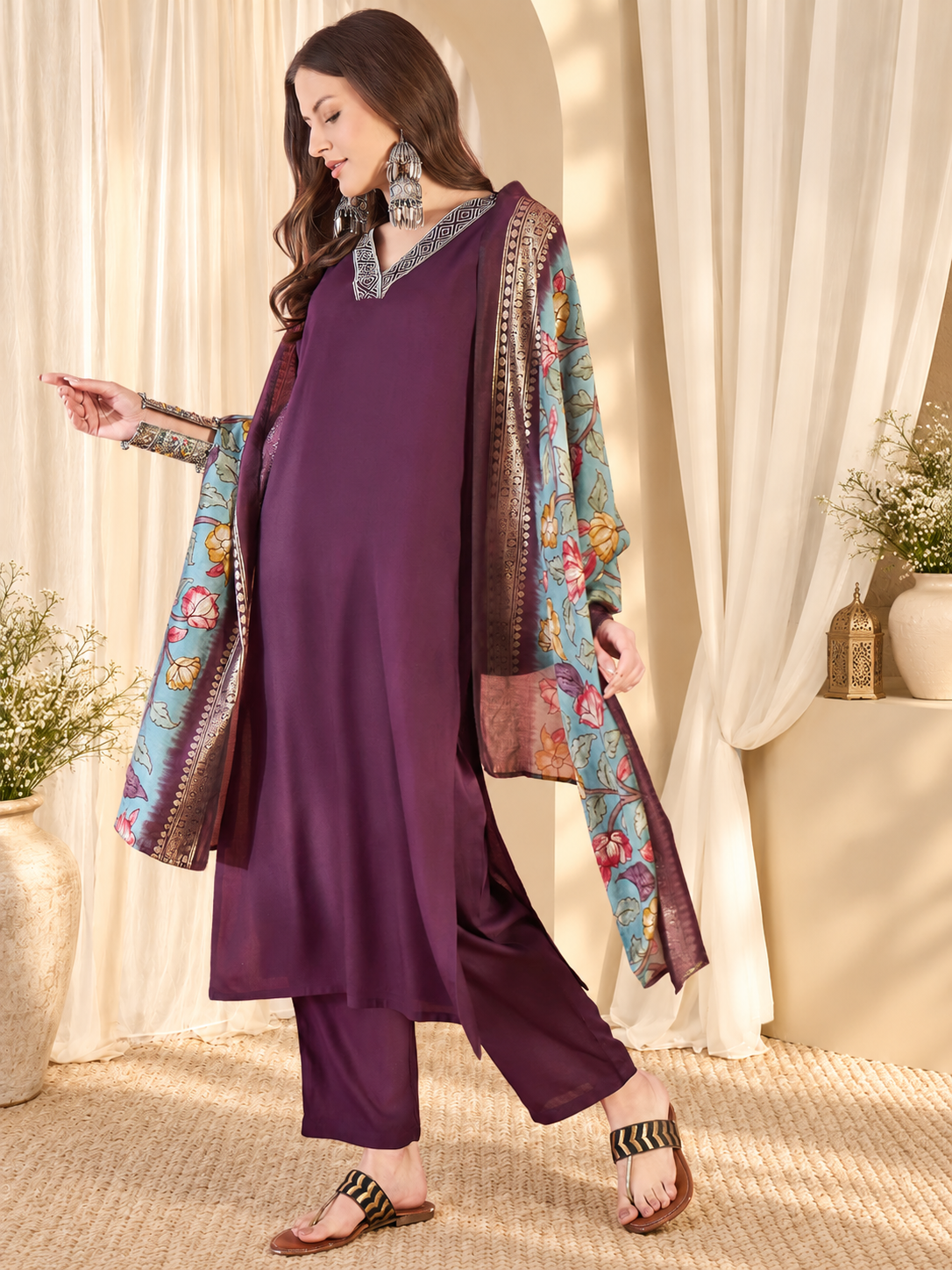 Women's Purple Viscose Rayon V Neck Kurta & Pant With Dupatta Set
