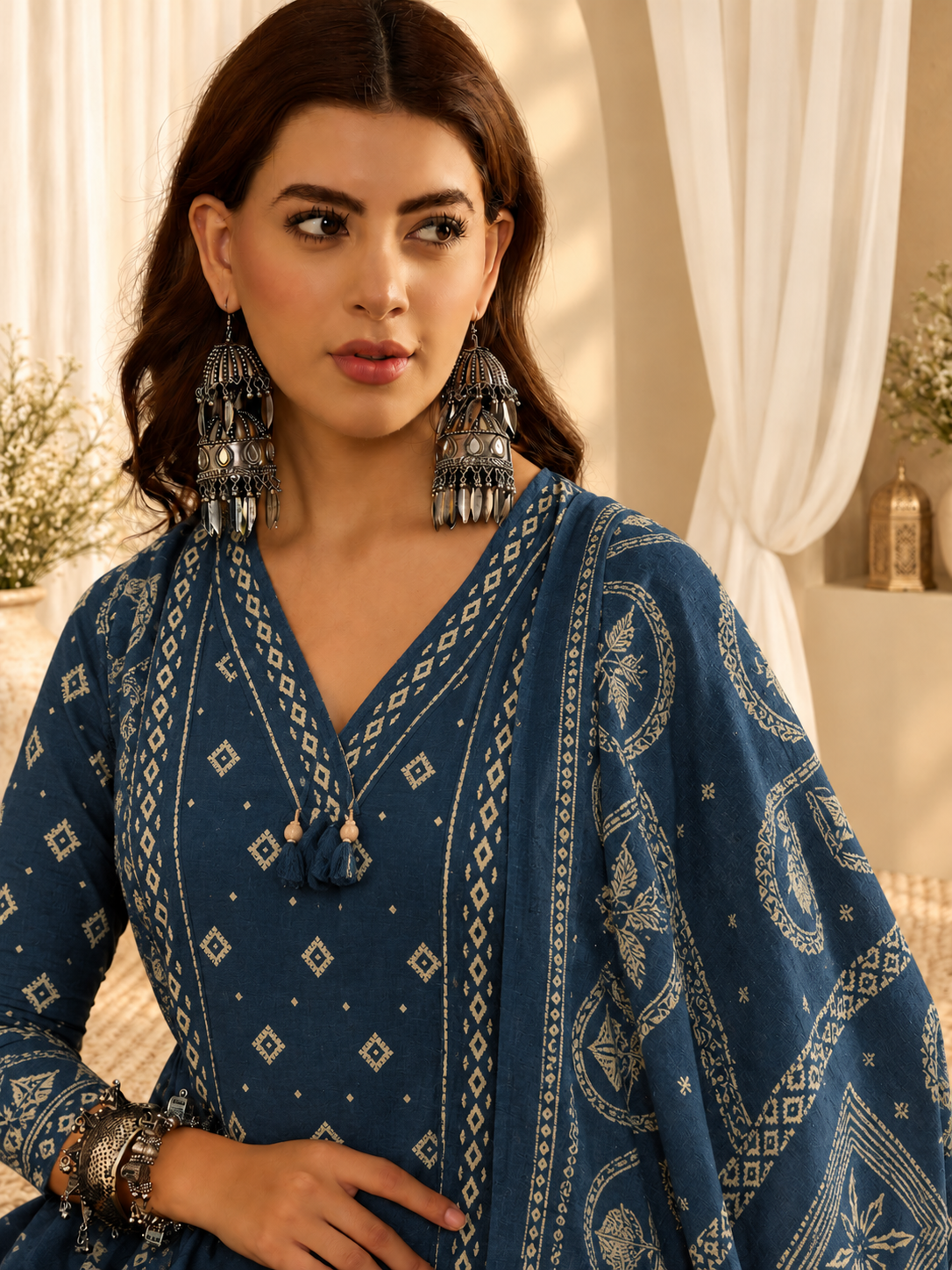 Women's Pure Cotton Printed Teal Blue Kurta & Pant With Dupatta Set