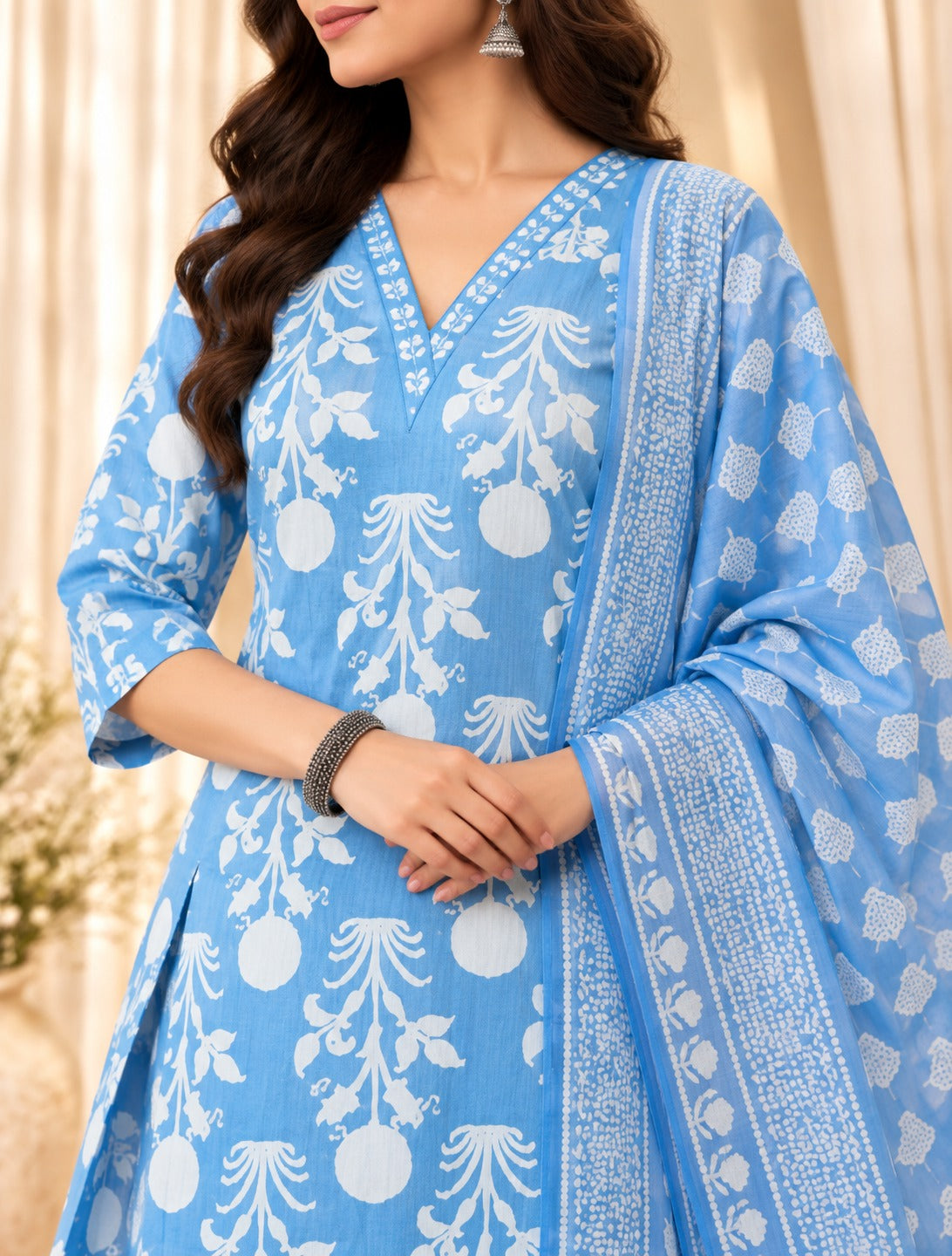 Printed & Embroidered Pure Cotton Straight Kurta With Trouser & Dupatta Set