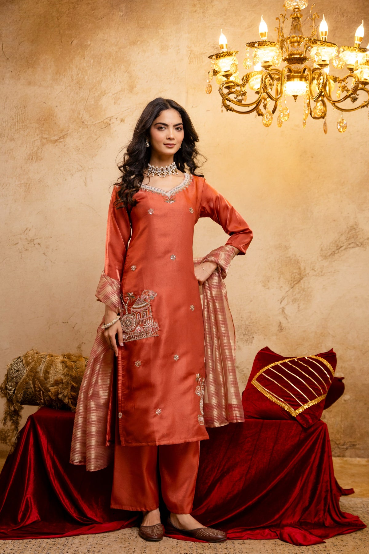 Women's Orange Embroidered Straight V-Neck Kurta & Trousers With Dupatta Set