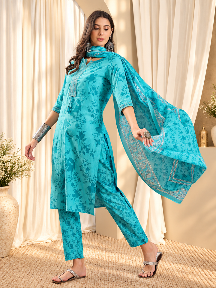 Women Floral Printed Cotton Kurta with Trousers &amp; Dupatta