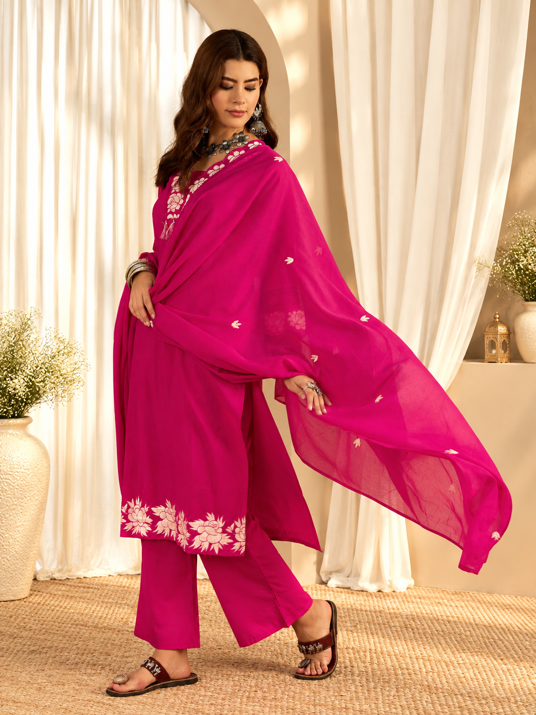 Women's Rani Pink Neck Embroidered Kurta with Trousers & Dupatta Set