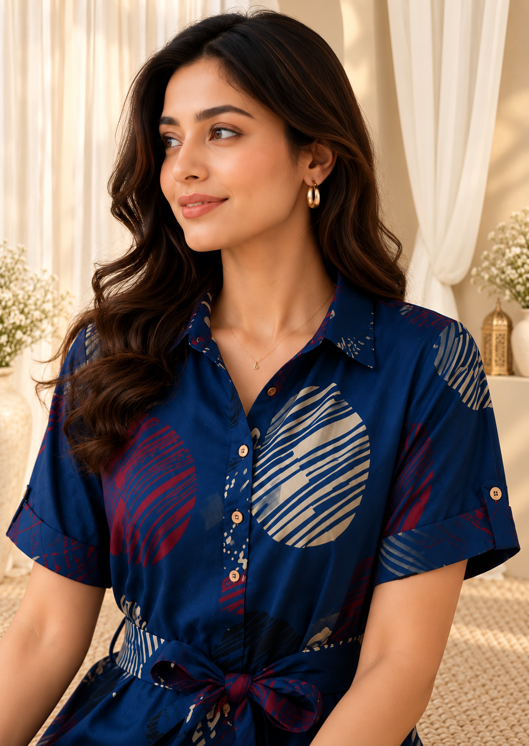 Women Navy Blue Printed Shirt Collar Midi Dress