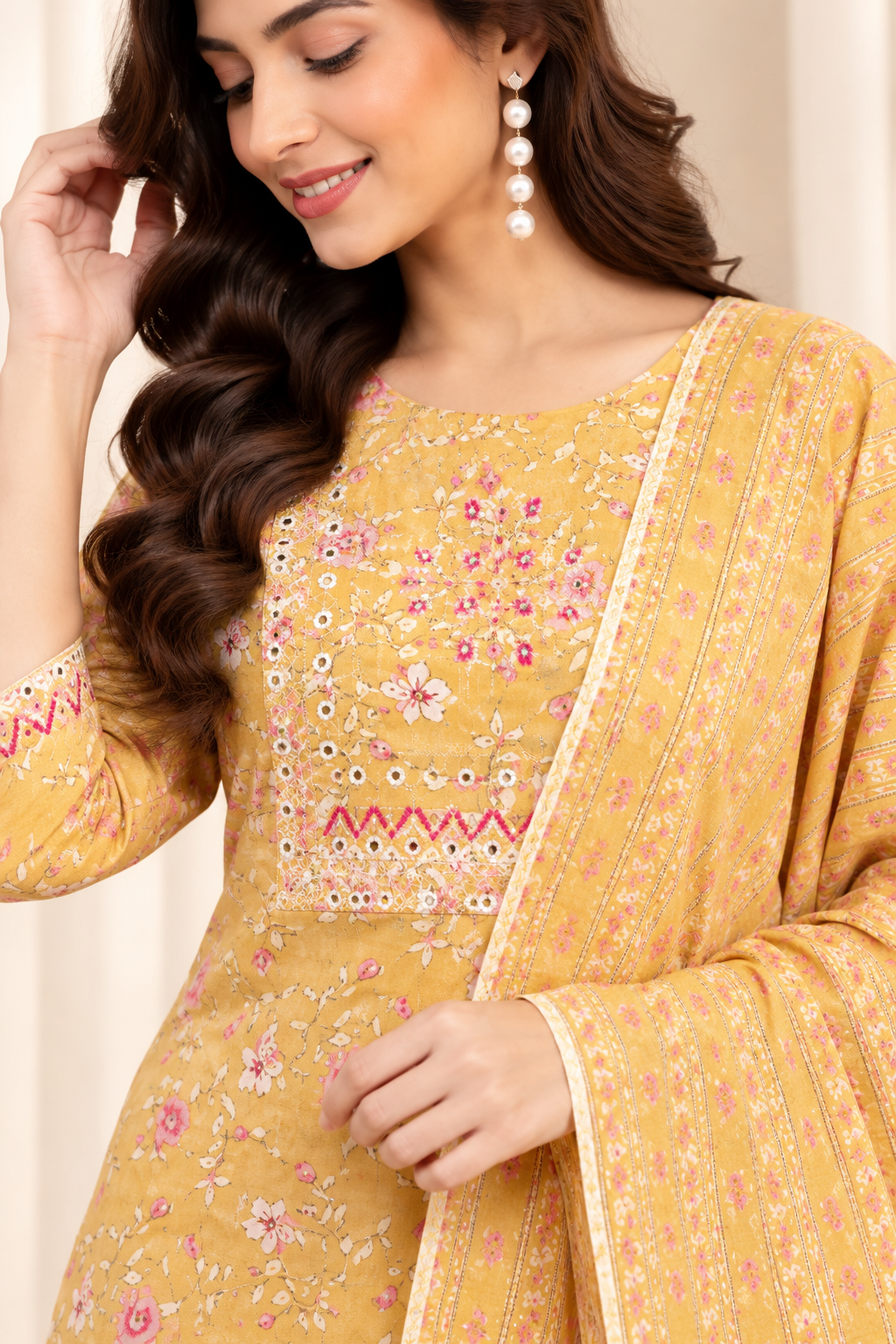 Women's Mustard Floral Print Pure Cotton Straight Kurta & Trousers With Dupatta Set