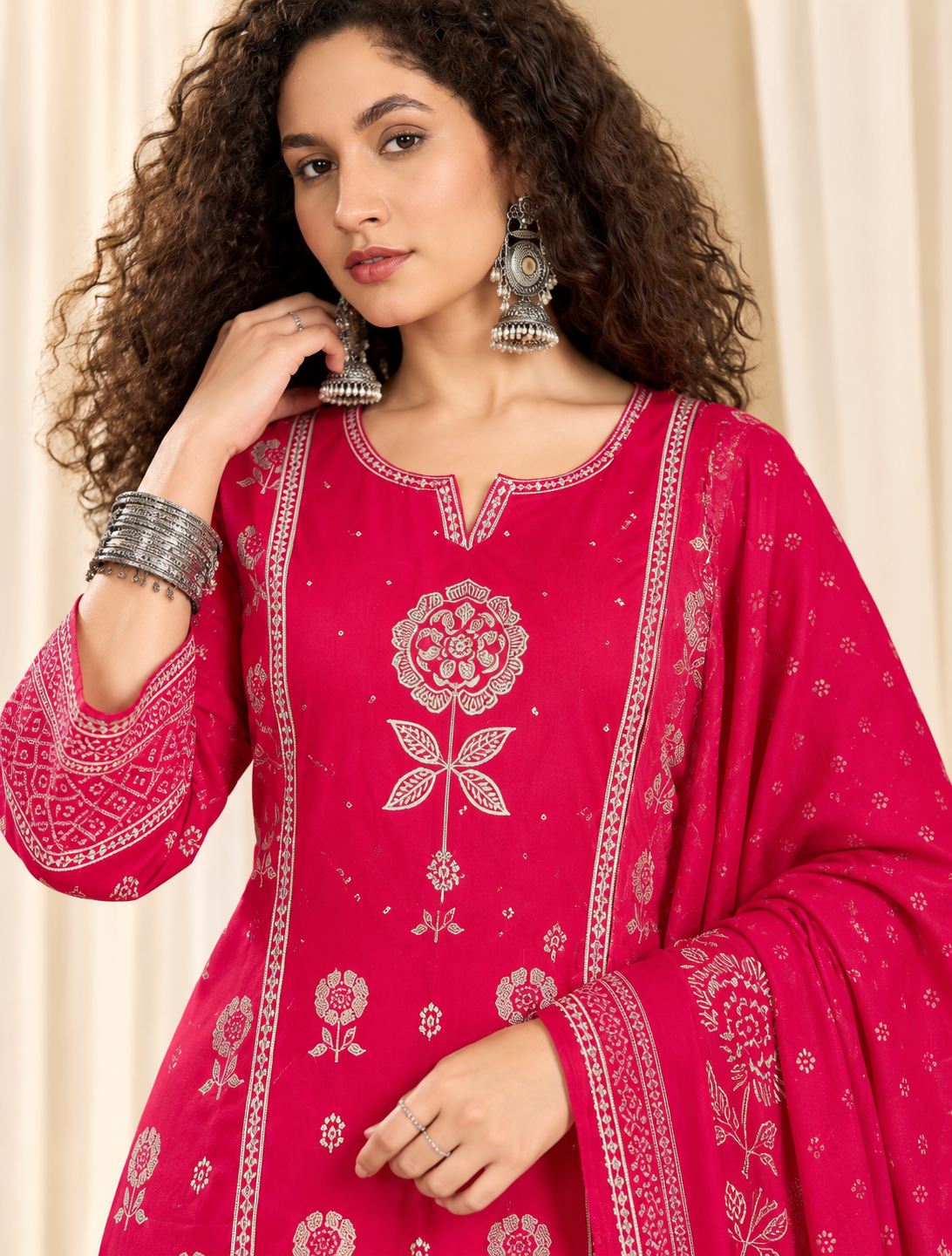 Women's Pink Printed Round Neck Straight Kurta With Trousers & Dupatta Set