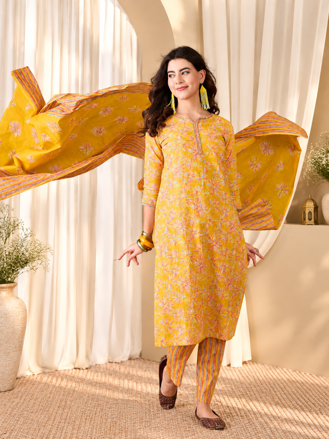Floral Printed Sequinned V-Neck Straight Kurta & Trouser With Dupatta