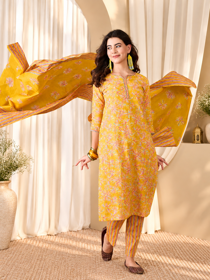 Floral Printed Sequinned V-Neck Straight Kurta &amp; Trouser With Dupatta