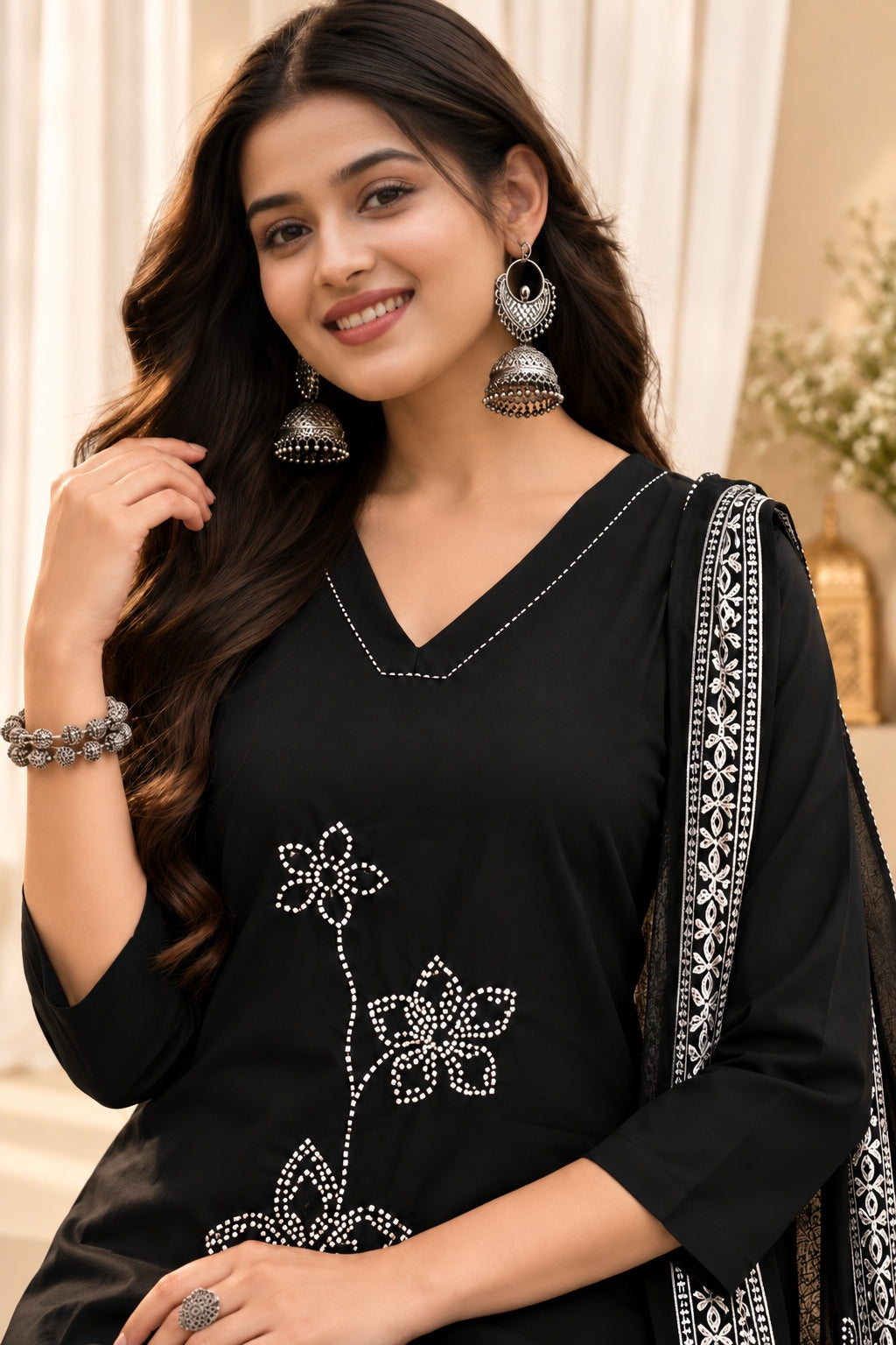 Women's Black Cotton Floral Print Kurta & Trousers With Dupatta Set