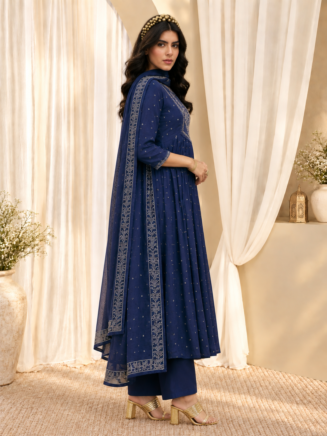 Women's Blue Printed Round Neck A-Line Cotton Blend Kurta With Trousers & Dupatta Set