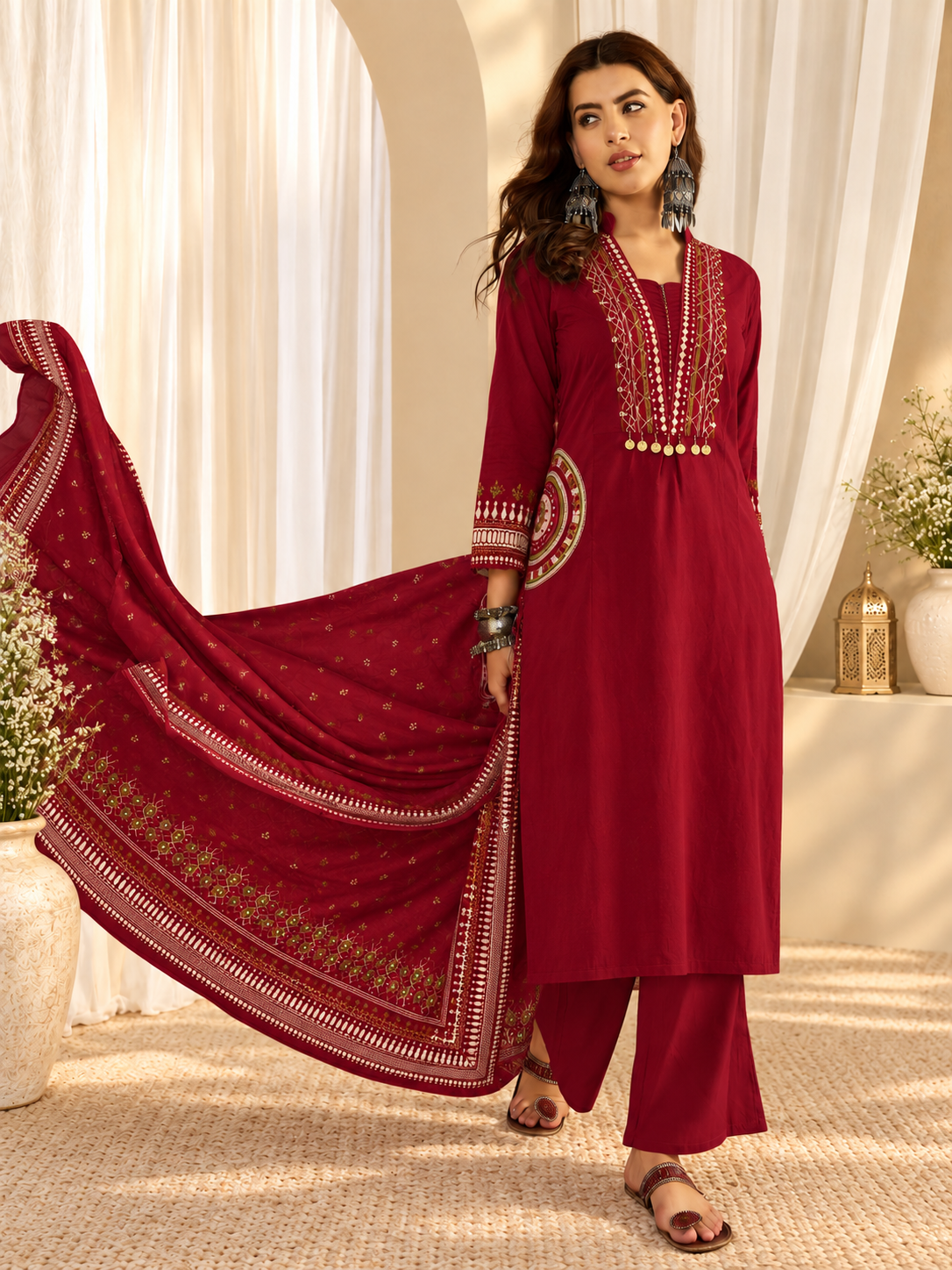 Women's Pure Cotton Embroidered Red Kurta & Pant With Dupatta Set