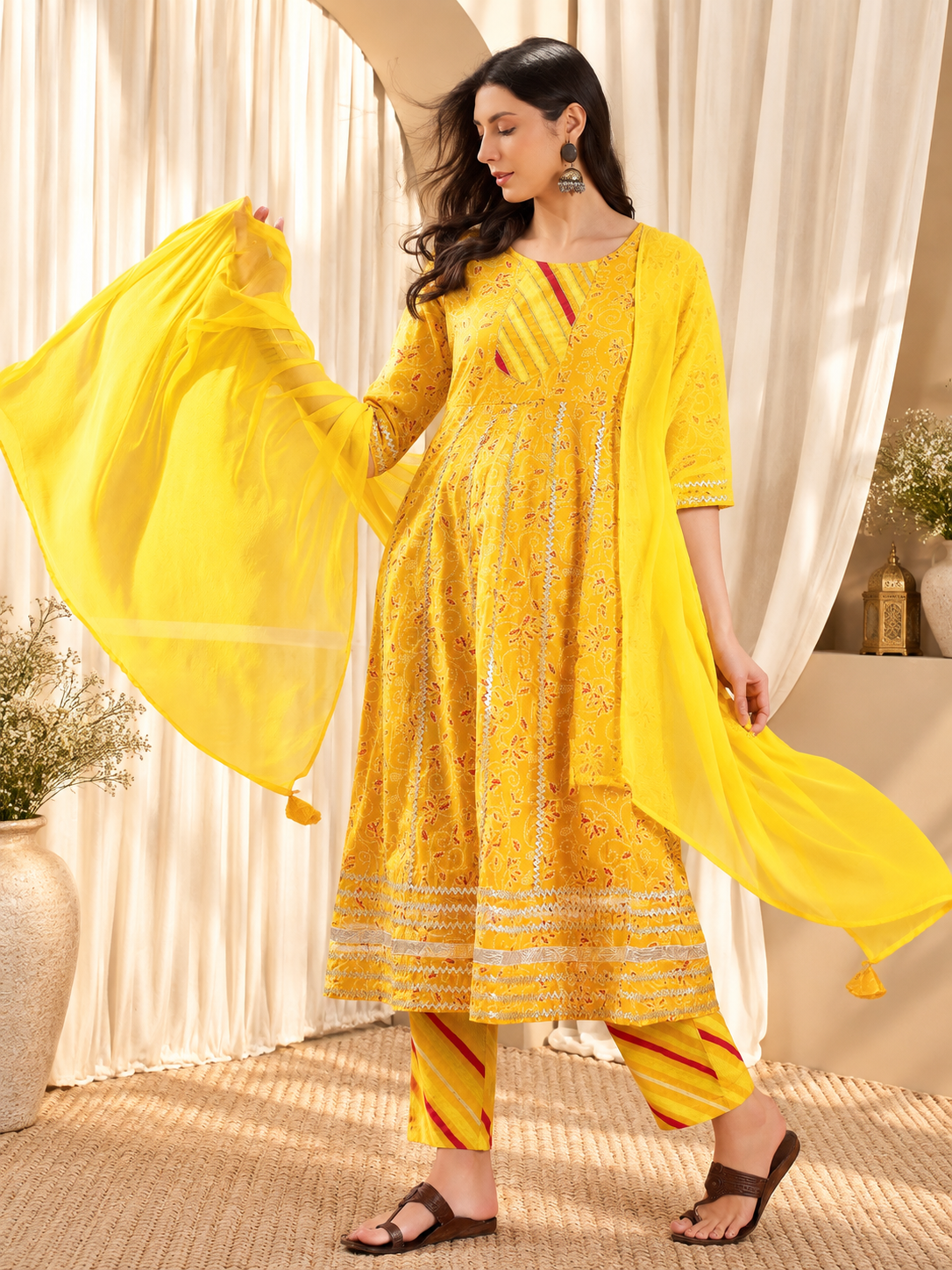 Women's Yellow Pure Cotton Round Neck Kurta & Pant With Dupatta Set