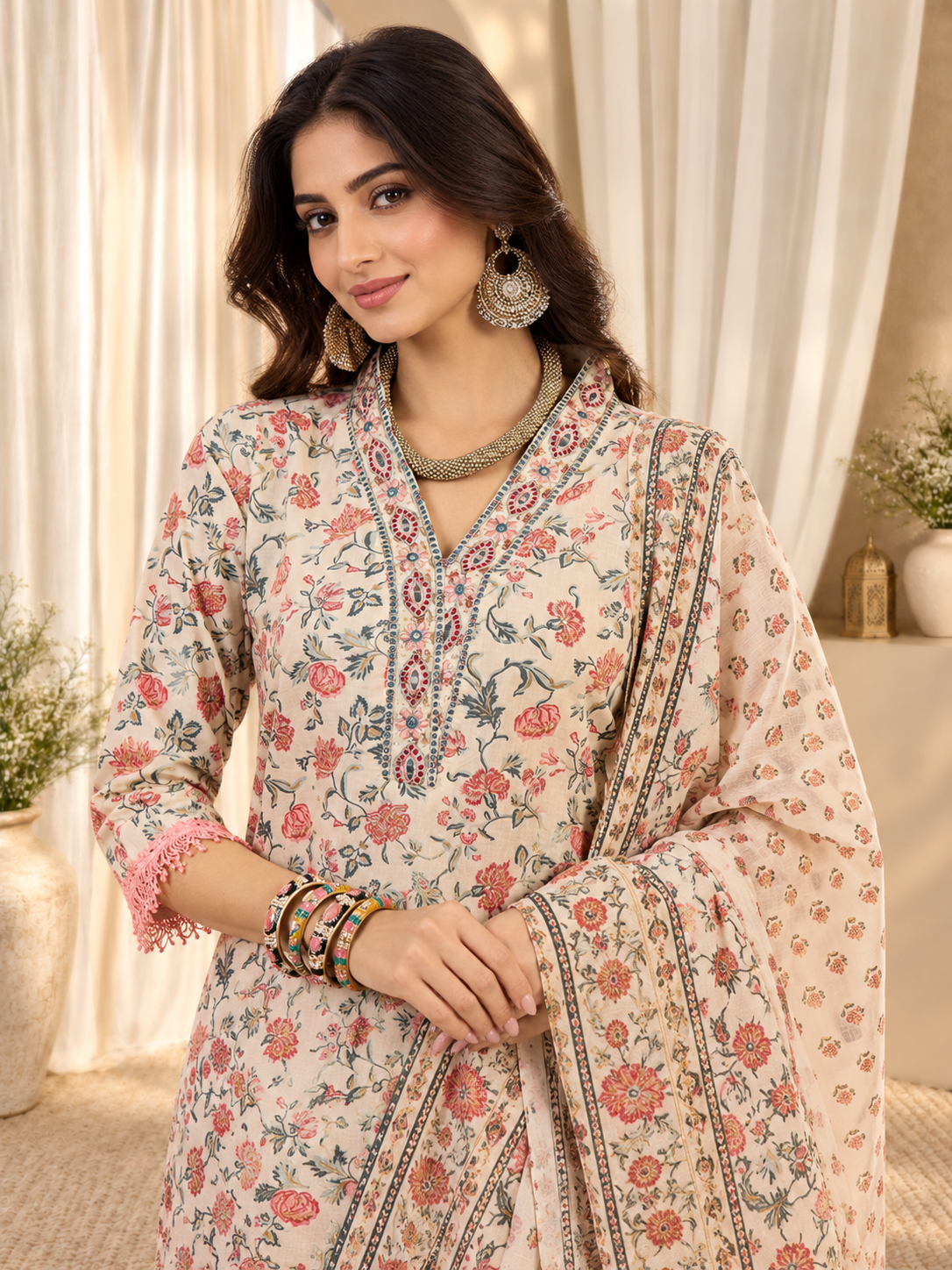 Women's Cream & Pink Pure Cotton Floral Print Kurta & Trousers With Dupatta Set