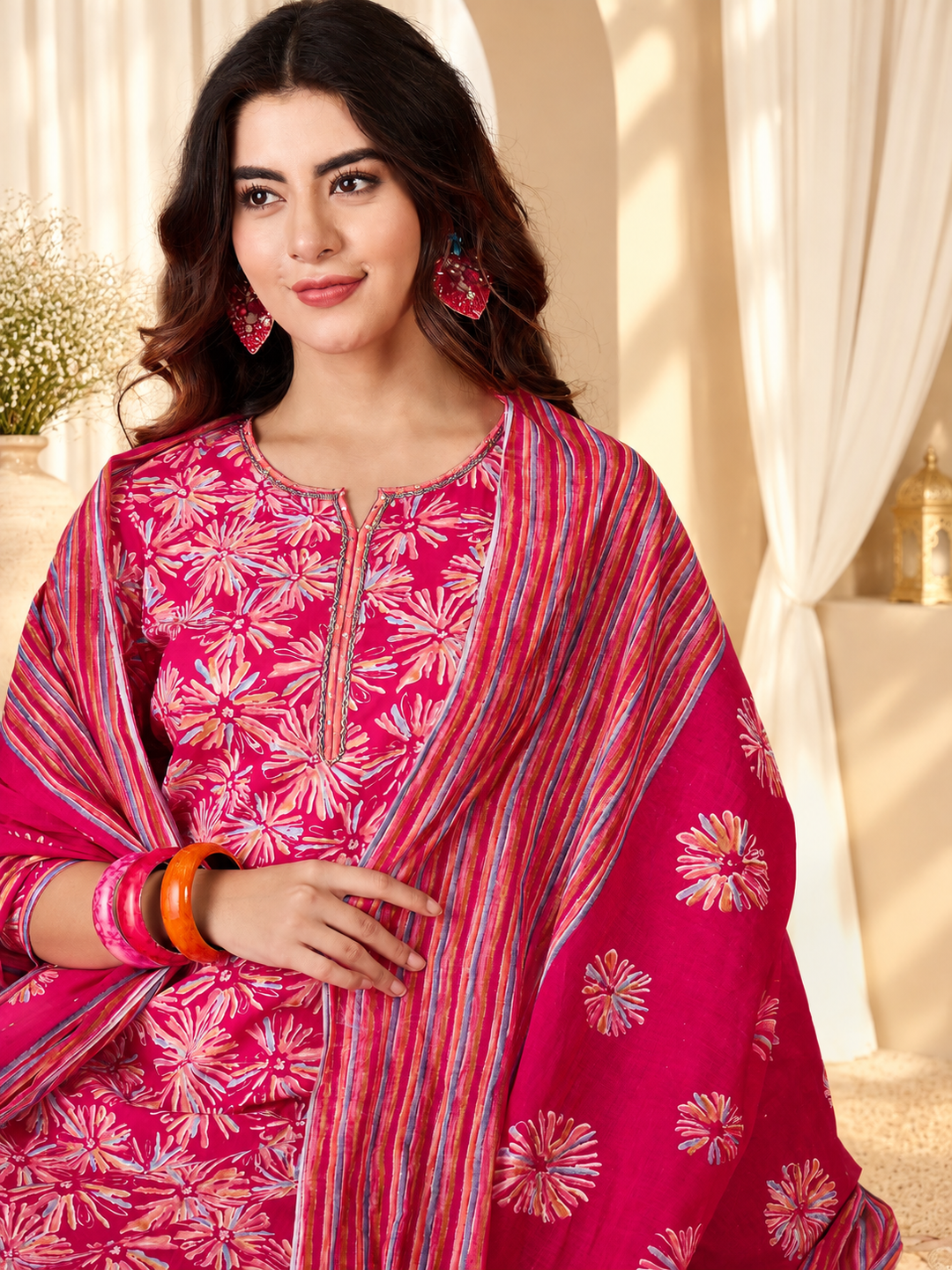 Floral Printed Sequinned Straight Kurta &amp; Trouser With Dupatta