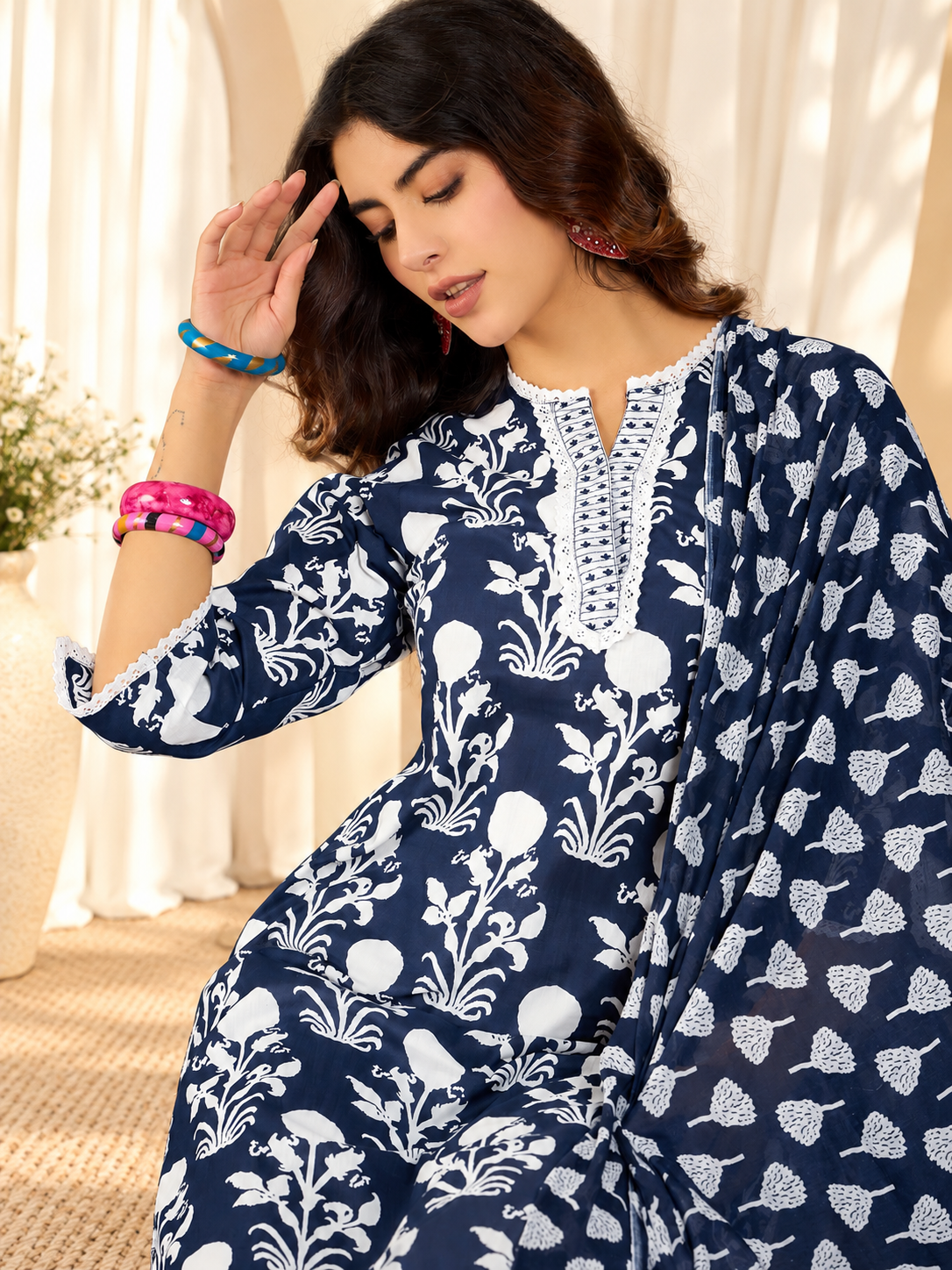 Women's Navy Blue Floral Printed Regular Thread Work Pure Cotton Kurta With Trousers & Dupatta Set