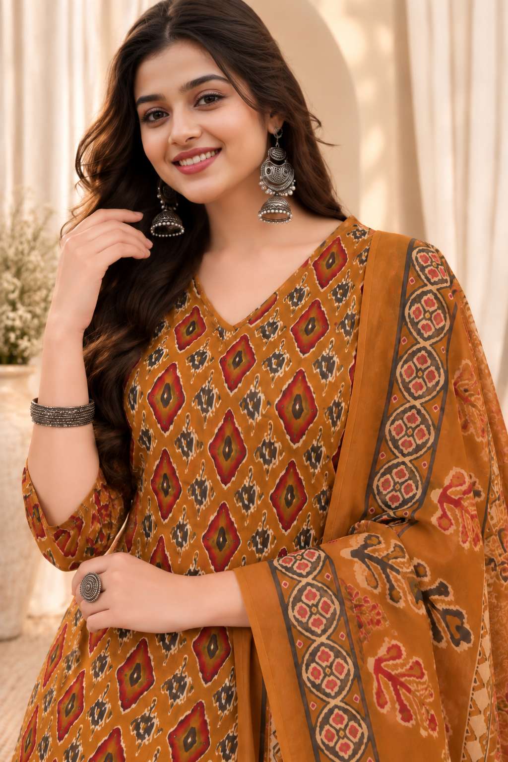 Women's Mustard Pure Cotton V Neck Kurta & Pant With Dupatta Set