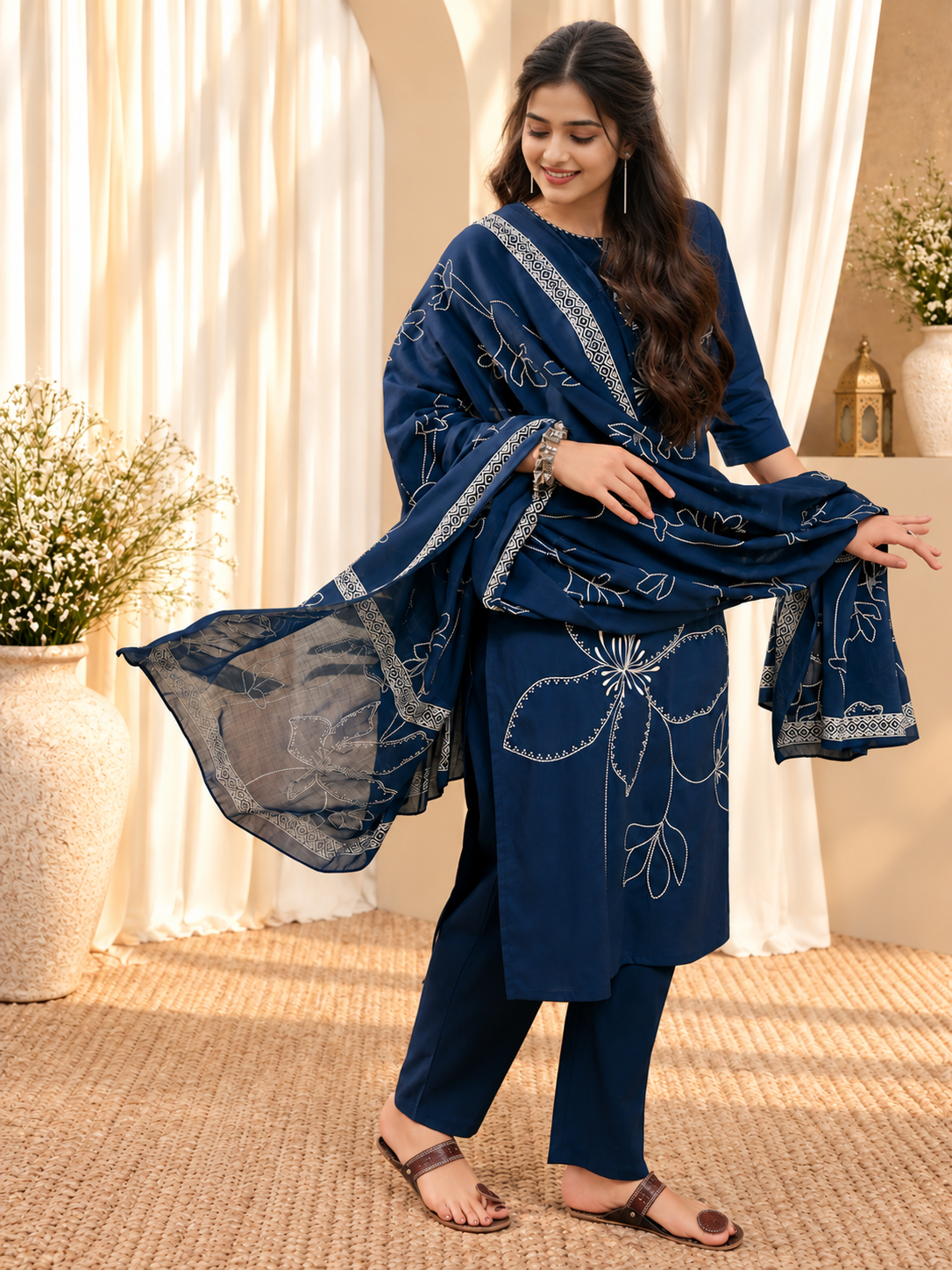 Women's Blue Cotton Floral Print Kurta & Trousers With Dupatta Set
