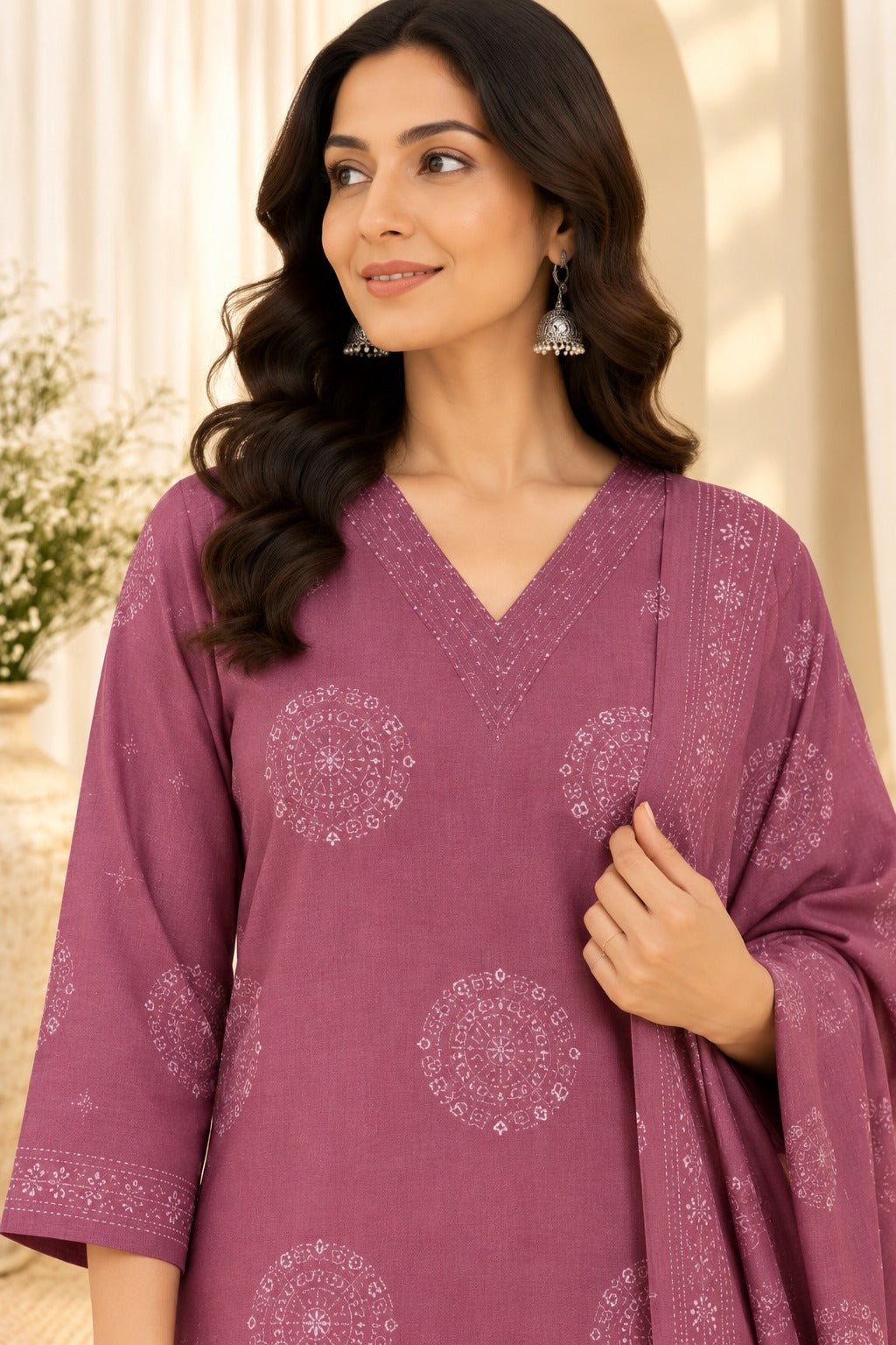 Women's Dusty Mauve Floral Print Cotton Kurta & Trousers With Dupatta Set