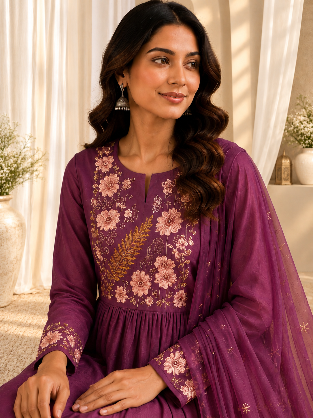 Women's Mauve Pink Embroidered Cotton Kurta With Pant & Dupatta Set