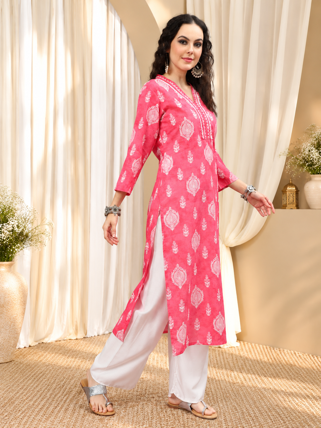 Women's Pink Floral Printed A-Line Kurta