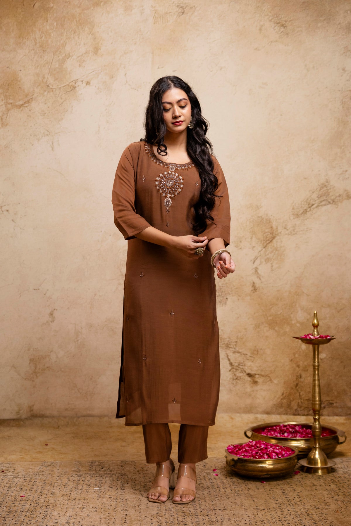 Women's Brown Embroidered Straight Round Neck Kurta & Trousers With Dupatta Set