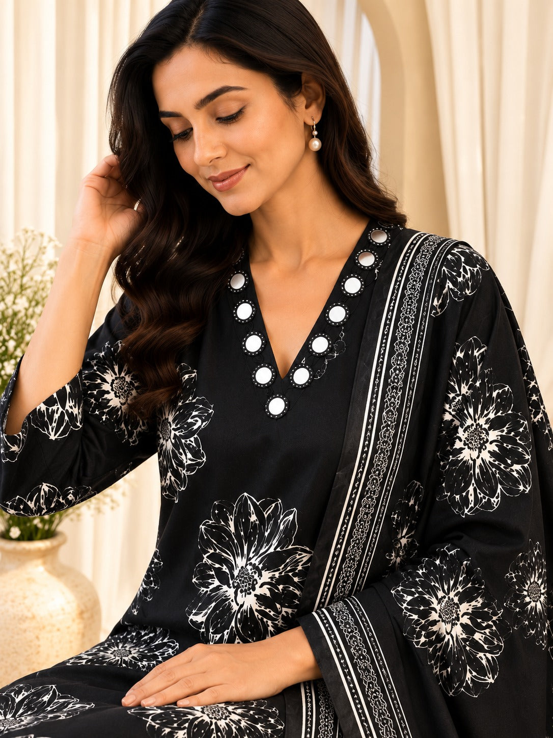 Women's Black Mirror Work Straight Kurta & Trouser With Dupatta Set