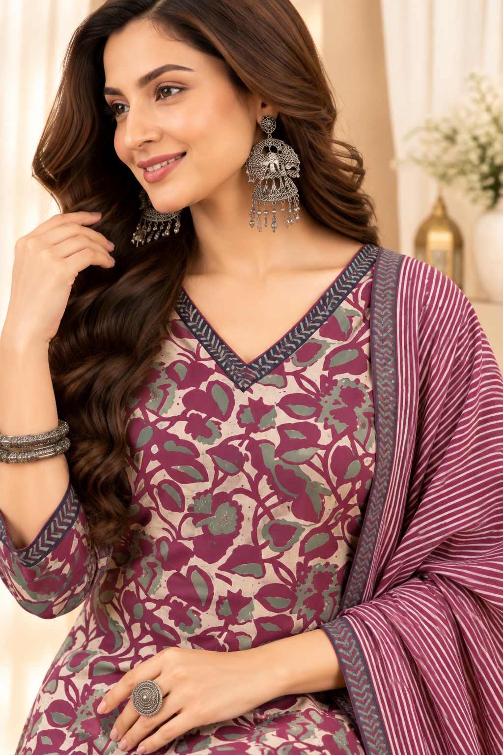 Women's Maroon & Pink Cotton Floral Print Kurta & Trousers With Dupatta Set