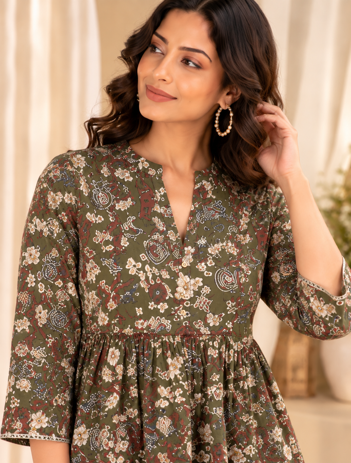 Olive green Floral Print Mandarin Collar Cotton Top