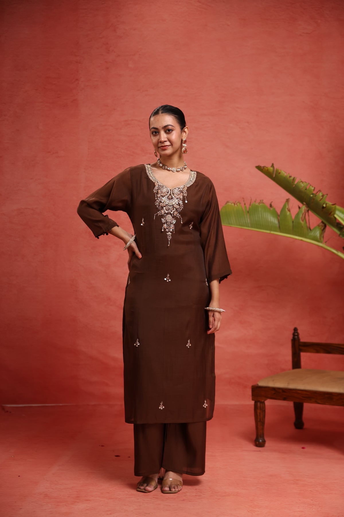 Women's Brown Embroidered Straight V-Neck Kurta & Trousers With Dupatta Set
