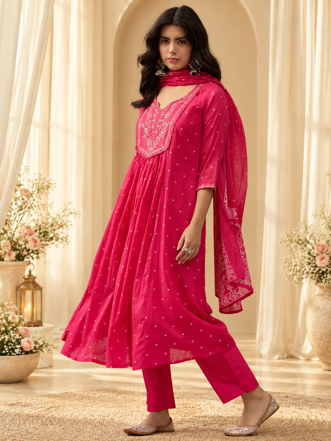 Women's Pink Printed Round Neck A-Line Kurta With Trousers & Dupatta Set