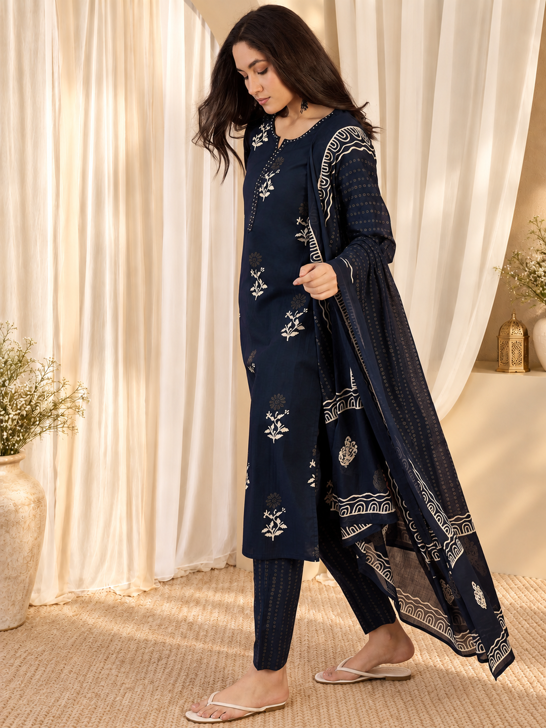 Women's Dark Blue Cotton Floral Print Kurta & Trousers With Dupatta Set
