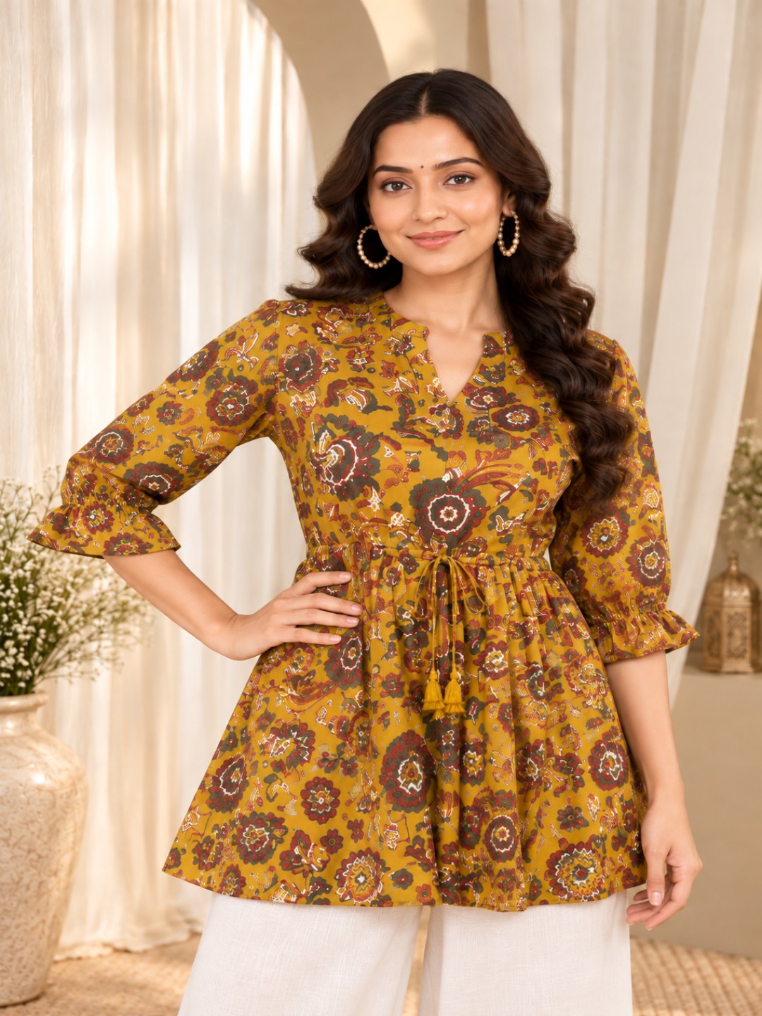 Floral Print Mandarin Collar Ethnic Cotton Peplum Top