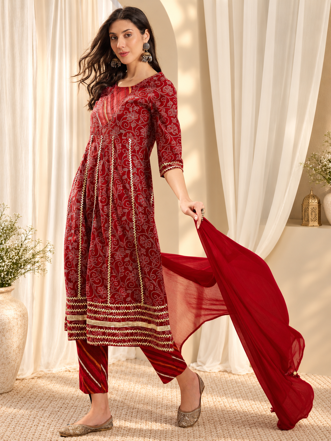 Women's Maroon Pure Cotton Round Neck Kurta & Pant With Dupatta Set