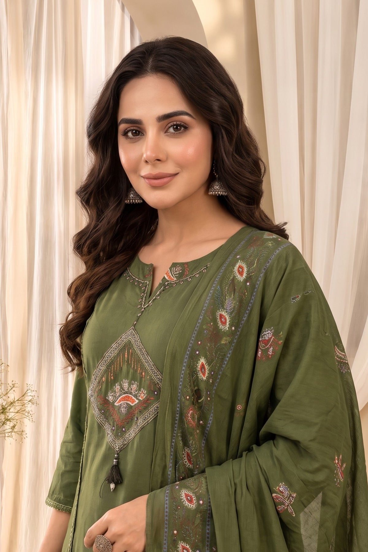 Women's Olive Green Mirror Work Straight Round Neck Kurta With Trousers & Dupatta Set