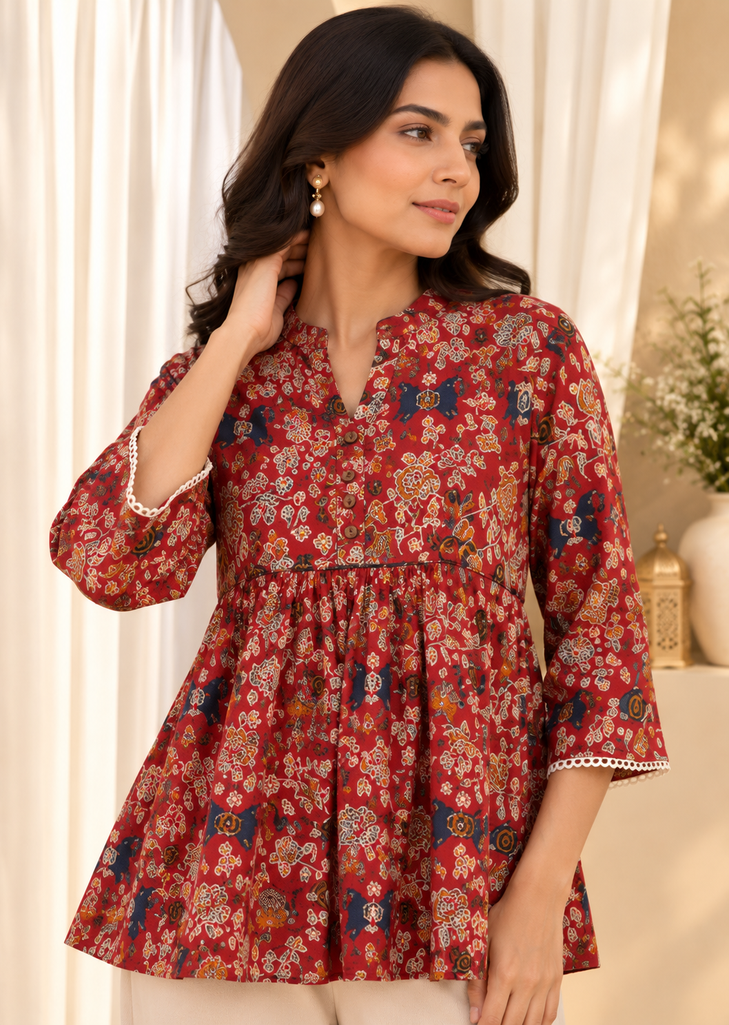 Red Floral Print Mandarin Collar Cotton Top