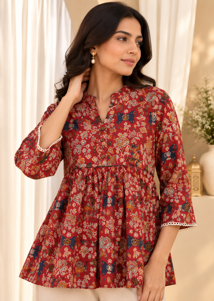 Red Floral Print Mandarin Collar Cotton Top