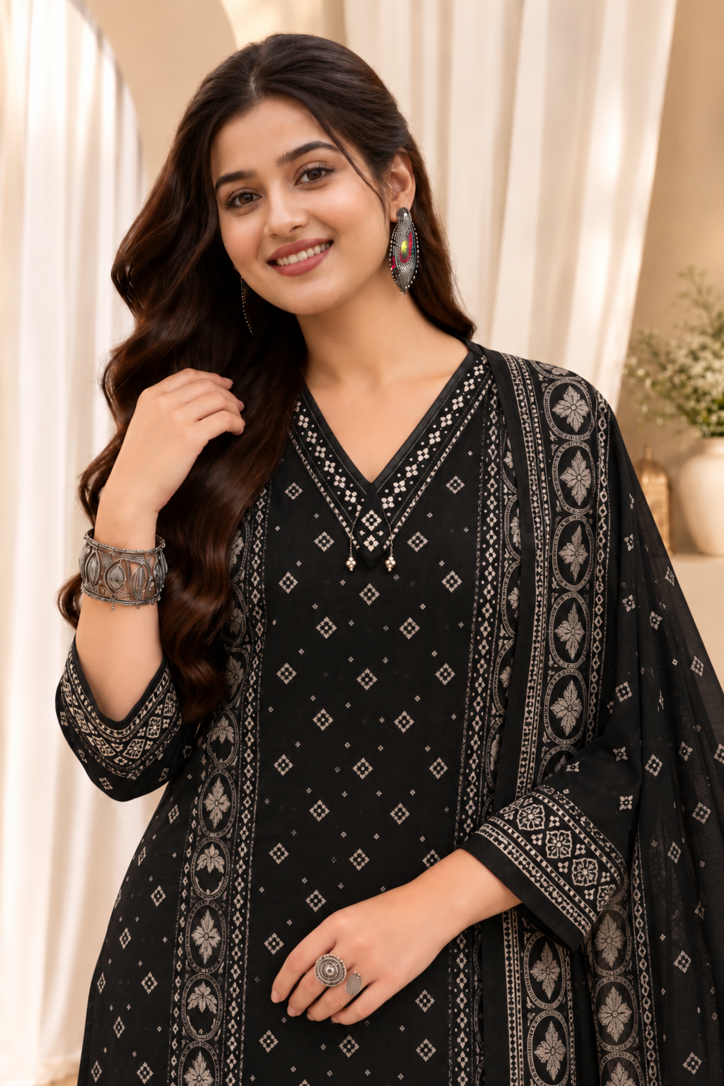 Women's Pure Cotton Printed Black Kurta & Pant With Dupatta Set